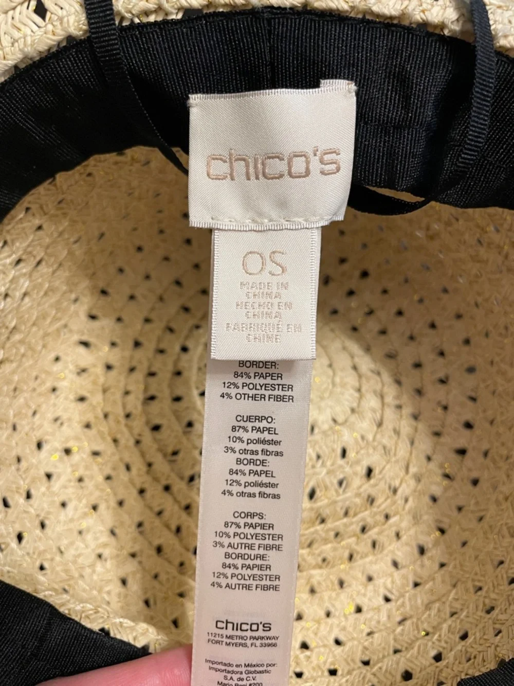 Chico's Wide-Brim Straw Sun Hat in Natural with Gold Trim